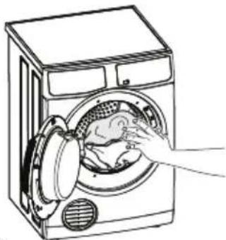 Line drawing of a hand washing a baby inside a washing machine (no text or symbols)