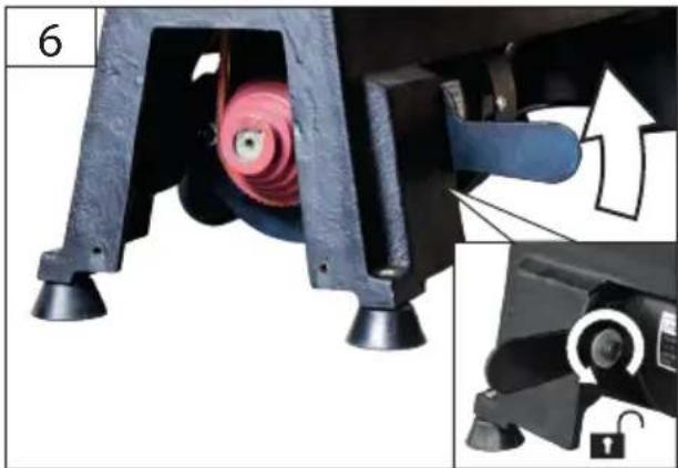 Mechanical assembly diagram showing a motor with red coil and blue handle, alongside a close-up of a lock mechanism (no text or symbols).