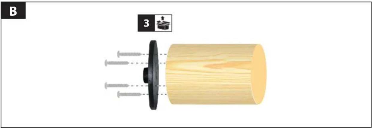 Diagram of a wooden cylindrical component with pins inserted, labeled 'B' and '3', showing internal structure (no text or symbols beyond labels).