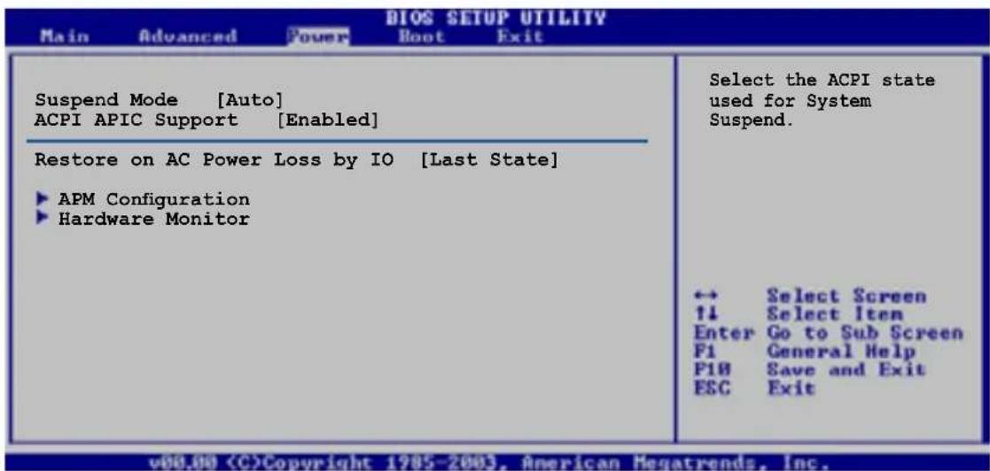 Main Advanced Power Boot Exit Suspend Mode [Auto] ACPI APIC Support [Enabled] Restore on AC Power Loss by IO [Last State] ► APM Configuration ► Hardware Monitor Select the ACPI state used for System Suspend. ↔ Select Screen ↑↓ Select Item Enter Go to Sub Screen F1 General Help F10 Save and Exit ESC…
