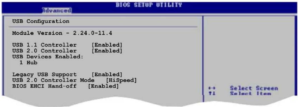 Advanced BIOS SETUP UTILITY USB Configuration Module Version - 2.24.0-11.4 USB 1.1 Controller [Enabled] USB 2.0 Controller [Enabled] USB Devices Enabled: 1 Hub Legacy USB Support [Enabled] USB 2.0 Controller Mode [HiSpeed] BIOS EHCI Hand-off [Enabled] ++ Select Screen ↑↓ Select Item