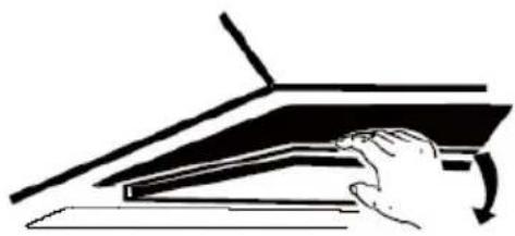 Simple line drawing of a hand pressing down on a flat surface with a curved arrow indicating motion.