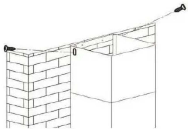 Line drawing of a brick wall corner with a chimney and hanging pipe (no text or symbols).