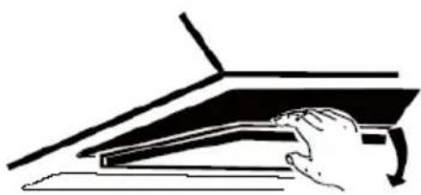 Simple line drawing of a hand pressing down on a piano keyboard, without any text or symbols.