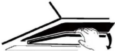 Simple line drawing of a hand pressing down on a mechanical component (no text or symbols)