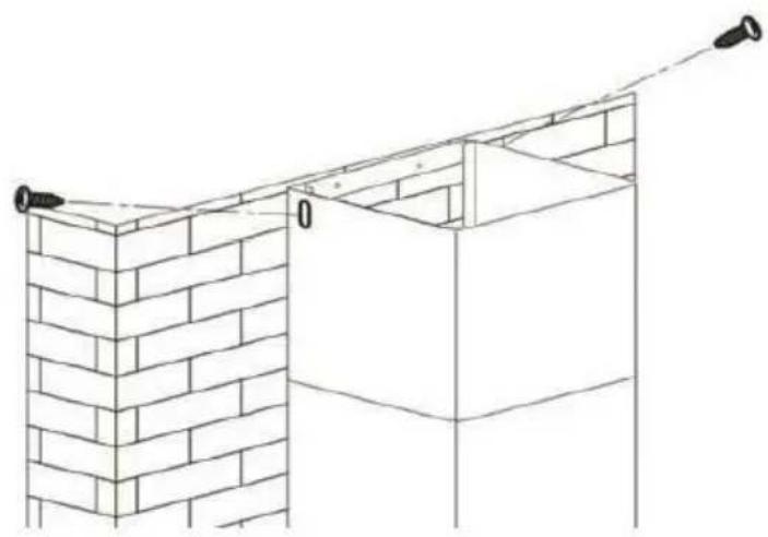 Isometric line drawing of a brick wall with two hanging sensors and a support structure, no text or symbols.