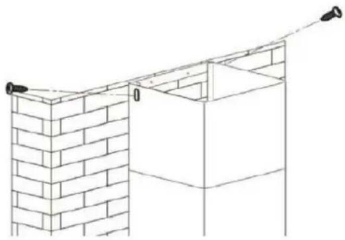 Line drawing of a brick wall structure with a vertical support and diagonal pipe extending upward, no text or symbols.