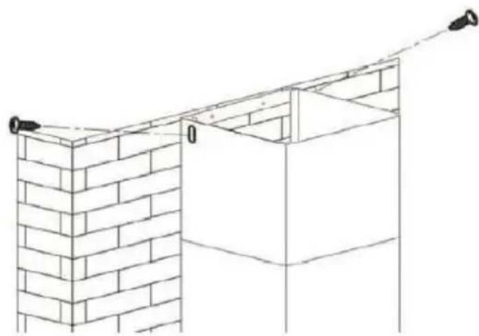Line drawing of a brick wall structure with a vertical support and two hanging sensors (no text or symbols)