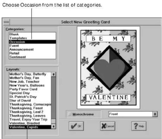 Choose Occasion from the list of categories. Select New Greeting Card. Categories: Blank, Templates, Occasion, Event, Announcement, Retail, Sentiment. Layouts: Mother's Day, Butterfly; Mother's Day, Fan; New Job, Teacher; New Year's, Balloass; Party Favor Card; Special Day; St. Patrick's Day; Star o…