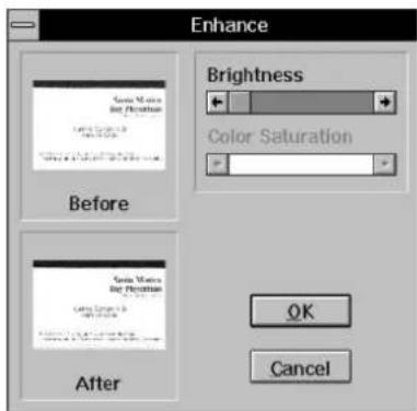 Enhance. Before. Brightness. Color Saturation. After. OK. Cancel.