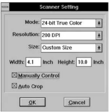 Scanner Setting. Mode: 24-bit True Color. Resolution: 200 DPI. Size: Custom Size. Width: 4.1 Inch Height: 10.0 Inch. Manually Control. Auto Crop. OK Cancel.