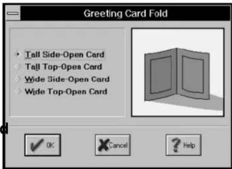 Greeting Card Fold: Tall Side-Open Card, Tall Top-Open Card, Wide Side-Open Card, Wide Top-Open Card. OK Cancel Help