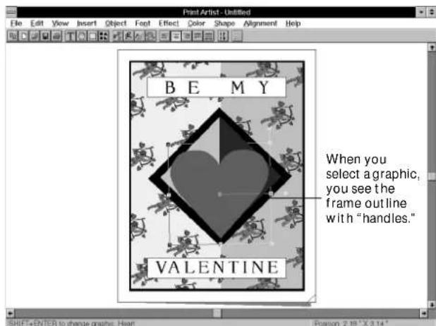 B E M Y Valentine. When you select a graphic, you see the frame outline with "handles."