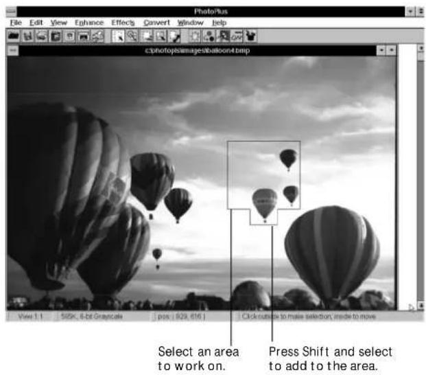 PhotoPlus File Edit View Enhance Effects Convert Window Help c:\photopy\images\balloon1.bmp View 1.1 SIGK, 8-bit Graycale pos: [523, 616] Click outside to make selection, inside to move Select an area to work on. Press Shift and select to add to the area.