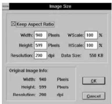 Image Size Keep Aspect Ratio Width: 940 Pixels WScale: 100 % Height: 599 Pixels HScale: 100 % Resolution: 200 dpi Data Size: 550 KB Original Image Info: Width: 940 Pixels Height: 599 Pixels Resolution: 200 dpi OK Cancel