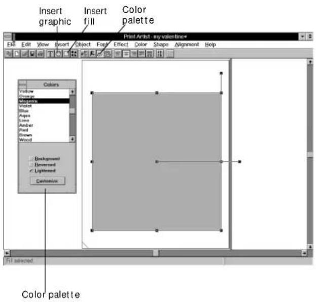 Insert graphic. Insert fill. Color palette. Print Artist, my colors. File Edit View Insert Object Foot Effect Color Shape Alignment Help. Colors: Yellow, Orange, Maroon, Violet, Blue, Aqua, Lava, Amber, Pand, Brown, Wood. Background: Diversified, Lightened, Customize. Color palette. Fill selected