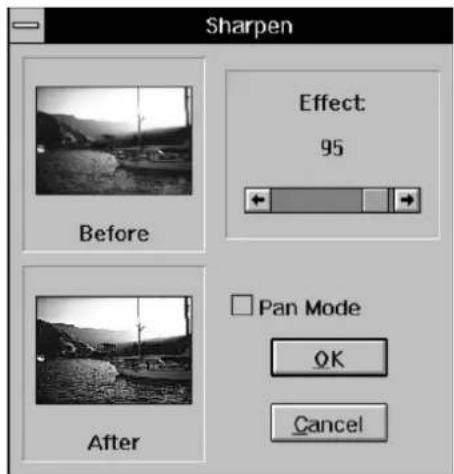 Sharpen dialog box. Before. Effect: 95. After. Pan Mode. OK. Cancel.