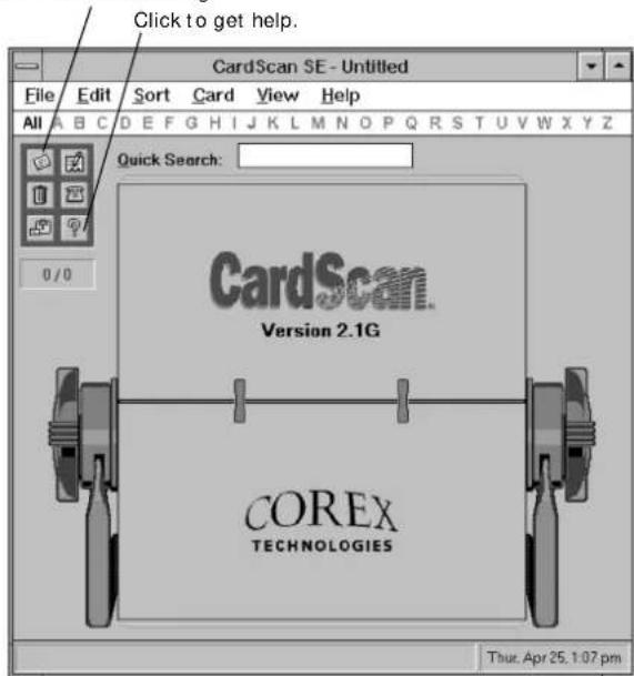 Click to get help. CardScan SE - Untitled File Edit Sort Card View Help All ABC D E F G H I J K L M N O P Q R S T U V W X Y Z Quick Search: CardScan Version 2.1G COREX TECHNOLOGIES Thur. Apr 25. 1:07 pm