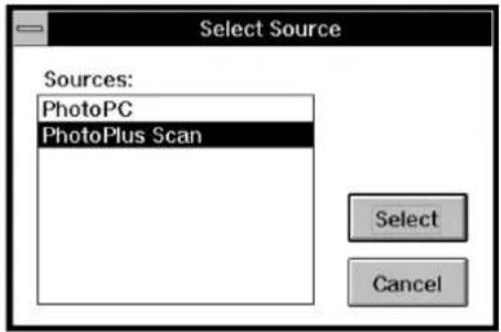 Select Source Sources: PhotoPC PhotoPlus Scan Select Cancel
