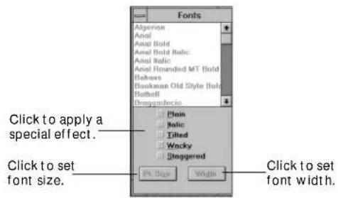 Fonts: Algerian, Anal, Anal Bold, Anal Boldalic, Analalic, Anal Rounded MT Bold, Behave, Bookman Old Style Bold, Bottell, Draguedocic. Plain, Italic, Tilted, Wocky, Staggered. PC Size Width. Click to apply a special effect. Click to set font size. Click to set font width.