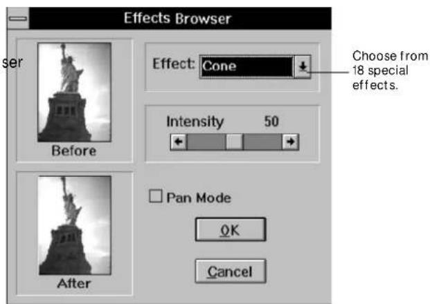 Effects Browser dialog box. Effect: Cone. Choose from 18 special effects. Intensity 50. Pan Mode. OK. Cancel.