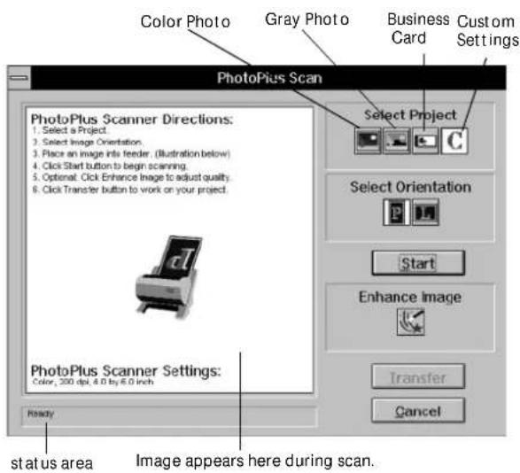 Color Photo Gray Photo Business Card Custom Settings PhotoPlus Scan PhotoPlus Scanner Directions: 1. Select a Project. 2. Select Image Orientation. 3. Place an image into feeder. (Illustration below) 4. Click Start button to begin scanning. 5. Optional. Click Enhance Image to adjust quality. 6. Clic…