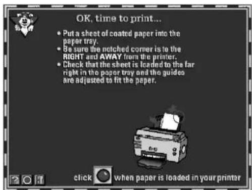 OK, time to print... • Put a sheet of coated paper into the paper tray. • Be sure the notched corner is to the RIGHT and AWAY from the printer. • Check that the sheet is loaded to the far right in the paper tray and the guides are adjusted to fit the paper.