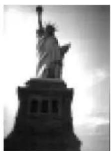 Black-and-white photo of the Statue of Liberty on a pedestal, no visible text or symbols.