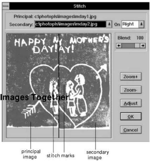 Stitch Principal: c:\photopls\images\mday1.jpg Secondary: c:\photopls\images\mday2.jpg On Right Blend: 100 Images Together Principal image Stitch marks Secondary image Zoom+ Zoom- Adjust OK Cancel