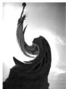 Silhouette of a figure in dynamic motion, possibly a mythological or symbolic pose (no text or symbols visible).