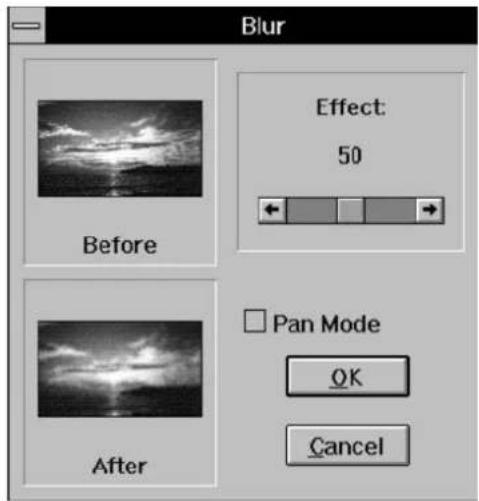 Blur dialog box. Before. Effect: 50. After. Pan Mode. OK. Cancel.