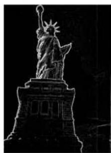 Black-and-white line drawing of the Statue of Liberty on a pedestal (no text or symbols).