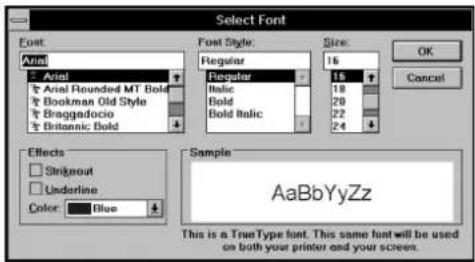 Select Font Font: Arial, Arial Rounded MT Bold, Bookman Old Style, Braggadocio, Britannic Bold Effects: Strikeout, Underline Color: Blue Font Style: Regular, Italic, Bold, Bold Italic Size: 16, 15, 18, 20, 22, 24 OK Cancel Sample AaBbYyZz This is a TrueType font. This same font will be used on both…