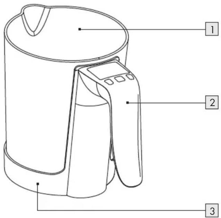 Technical diagram of a portable water heater with labeled parts 1, 2, and 3