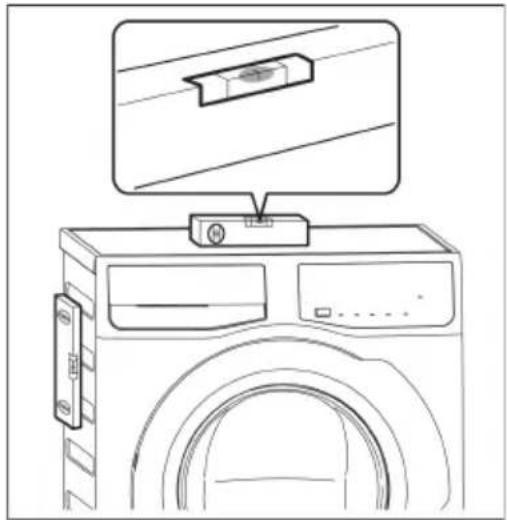 Line drawing of a washing machine with a mounted device and a close-up view of the front panel (no text or symbols).