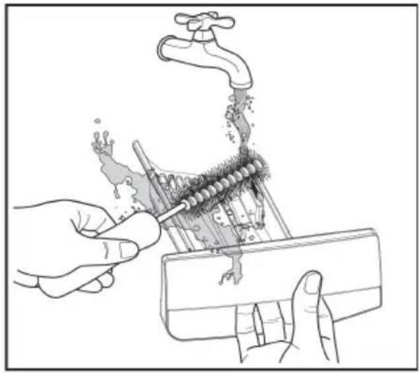 Illustration of hands using a tool to clean or store items from a water tap (no text or symbols present)