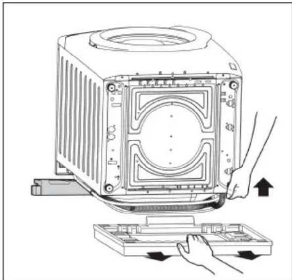 Illustration of a computer tower with hands operating the base panel and an upward arrow indicating motion (no text or symbols present).