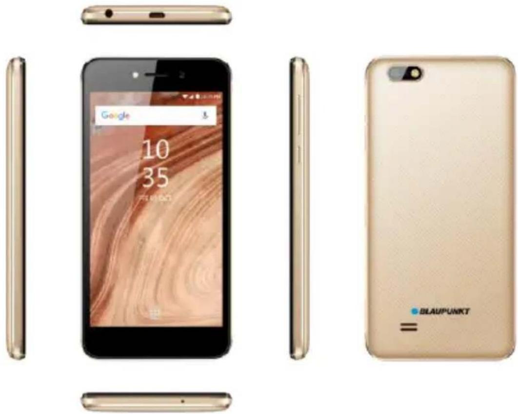 Exterior and back view of a golden smartphone showing its front, rear, side, and top views (no visible text or symbols on the device body)