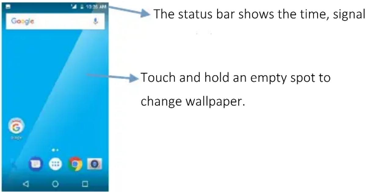 The status bar shows the time, signal Touch and hold an empty spot to change wallpaper.