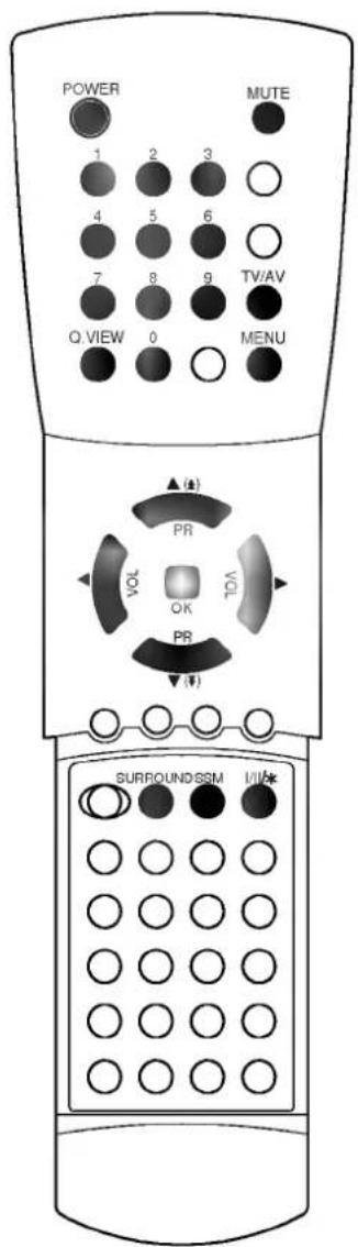 POWER MUTE 1 2 3 4 5 6 7 8 9 Q VIEW 0 MENU (▲) PR VOL OK VOL PR (▼) SURROUNDSSM I/II★