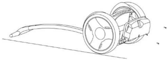 Technical line drawing of a mechanical component with wheels and brackets (no text or symbols)
