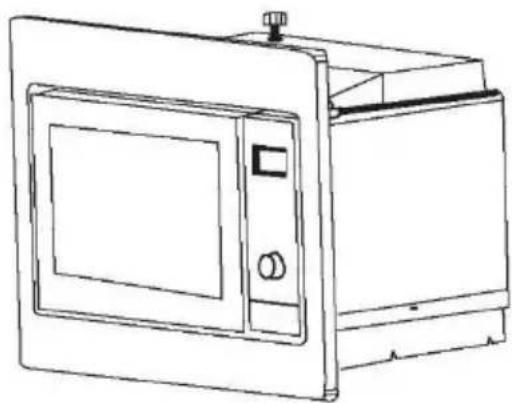 Line drawing of a microwave oven with lid and control panel (no text or symbols)