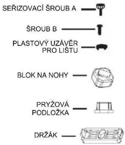 SEŘIZOVACÍ ŠROUB A ŠROUB B PLASTOVÝ UZÁVĚR PRO LIŠTU BLOK NA NOHY PRYŽOVÁ PODLOŽKA DRŽÁK