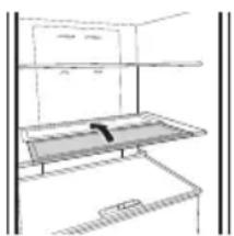 Line drawing of a refrigerator shelf with shelves and a drawer (no text or symbols)