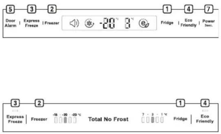 Door Alarm | Express Freeze | Freezer -20 °C 3 °C e Fridge | Eco Friendly | Power 3sec. Express Freeze | Freezer -15 -20 -23 °C Total No Frost 7 - 3 - 1 °C Fridge | Eco Friendly