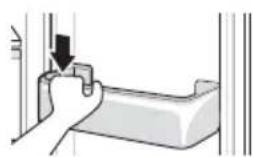 Hand holding a mechanical component with a downward arrow indicating force or direction (no text or symbols)