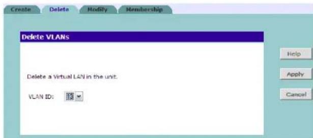 Delete VLANs Delete a Virtual LAN in the unit. VLAN ID: 15 Help Apply Cancel
