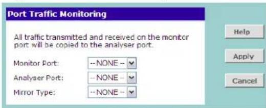 Port Traffic Monitoring All traffic transmitted and received on the monitor port will be copied to the analyser port. Monitor Port: --NONE -- Analyser Port: --NONE -- Mirror Type: --NONE --