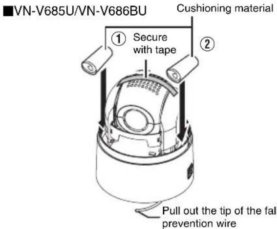 VN-V685U/VN-V686BU Cushioning material ① Secure with tape ② Pull out the tip of the fall prevention wire