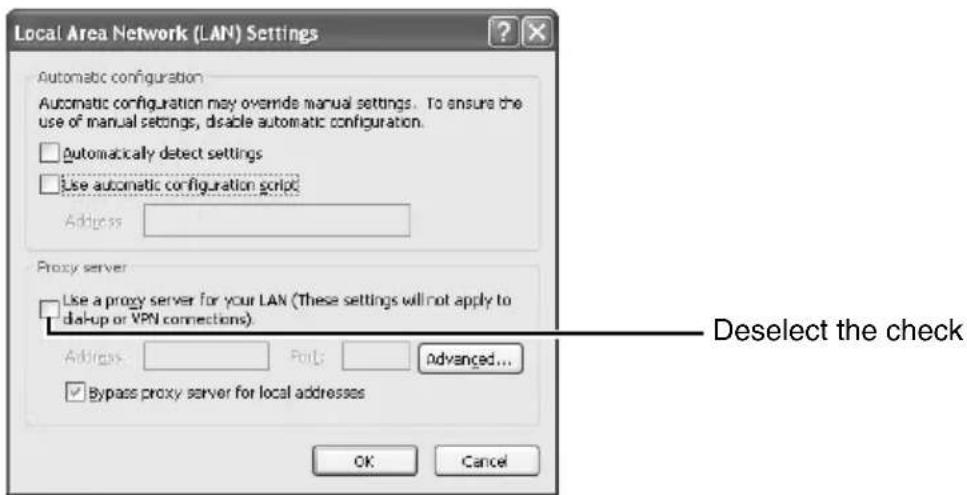 Local Area Network (LAN) Settings Automatic configuration Automatic configuration may override manual settings. To ensure the use of manual settings, disable automatic configuration. □ Automatically detect settings □ Use automatic configuration script: Address: Proxy server □ Use a proxy server for…